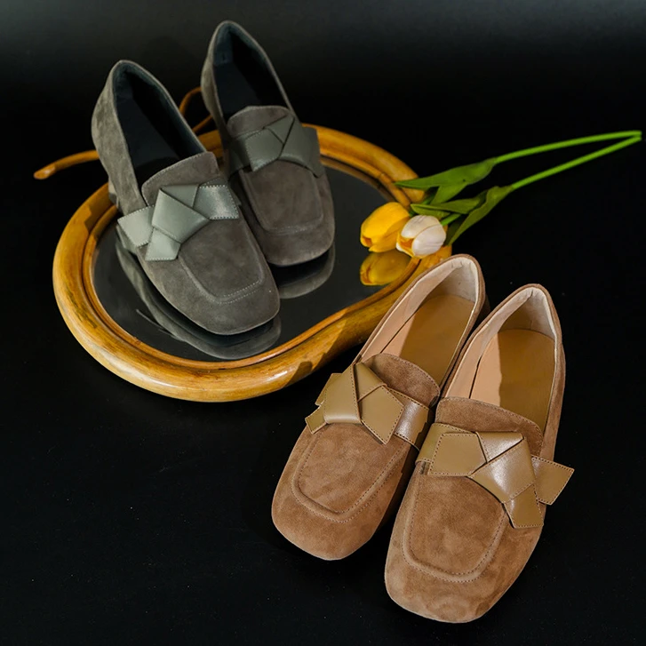 羊猄皮单鞋复古风磨砂蝴蝶结文艺女鞋春季新款软底单鞋豆豆鞋休闲