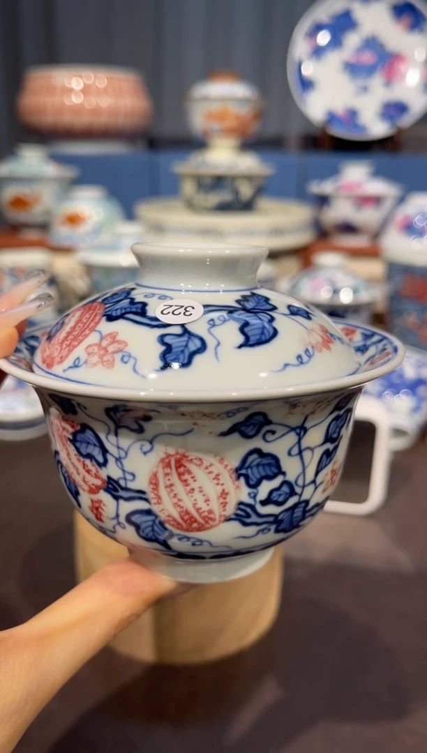 【闪购商品】杯322青花釉里红西瓜盖碗微瑕3.4