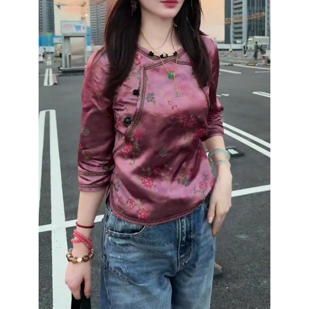改良国风印花超好看盘扣上衣2025秋季新款新中式斜襟七分袖小衫女