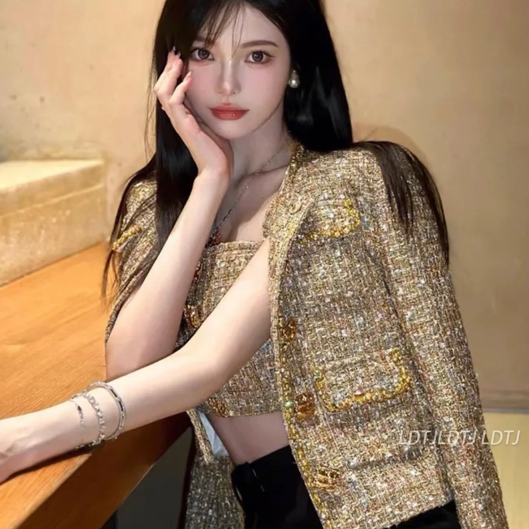 LDTJ高定25秋装刘亦菲名媛气质小香风千金粗呢轻奢背心裙外套装女