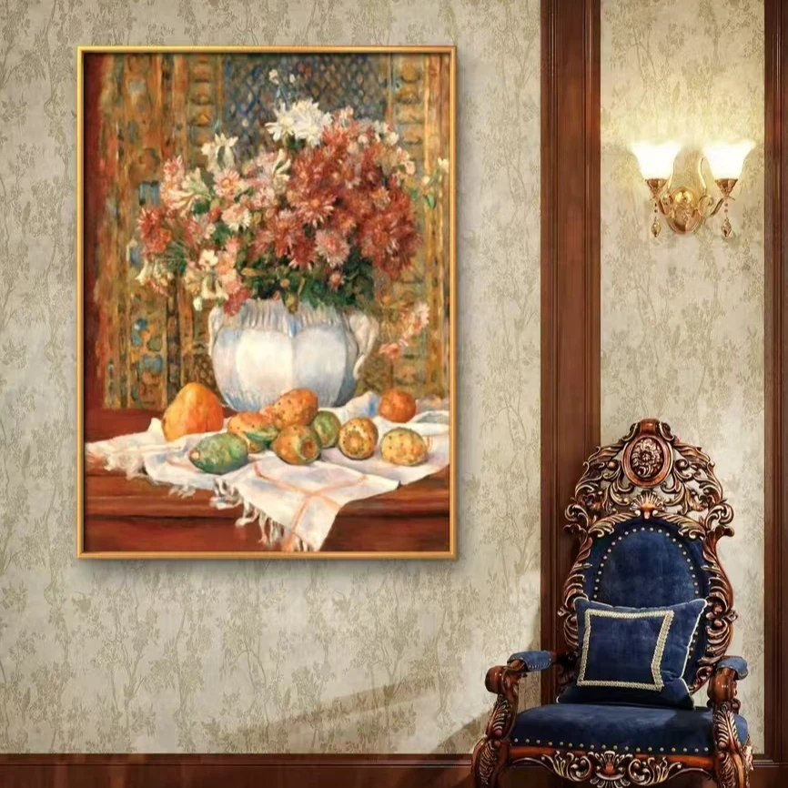 雷诺阿-瓶中花与刺梨 客厅玄关卧室书房挂画 实木框