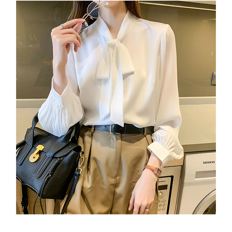 蝴蝶结白色百搭衬衫女春装2025新款职业装雪纺飘带领宽松上衣
