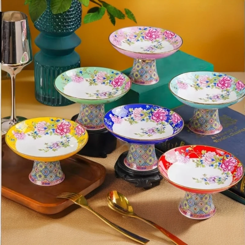 珐琅彩牡丹陶瓷果盘  中式糕点盘