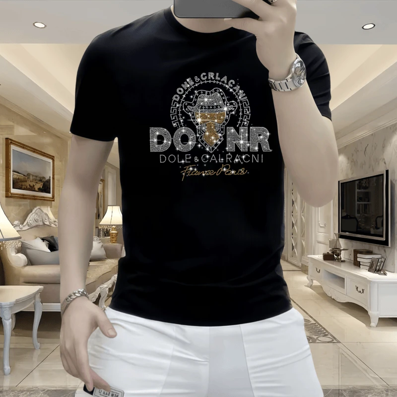 男士新款烫钻短袖冰丝休闲夏潮流修身时尚圆领百搭衣服夏季T恤