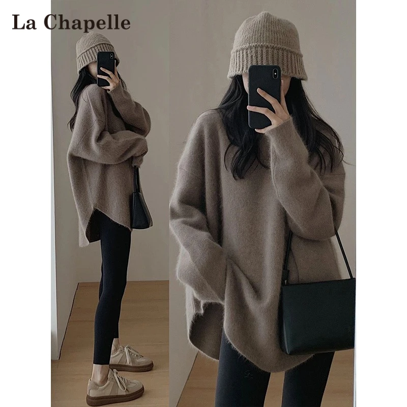 拉夏贝尔日系慵懒风套头毛衣女秋冬新款中长款加厚外穿长袖针织衫