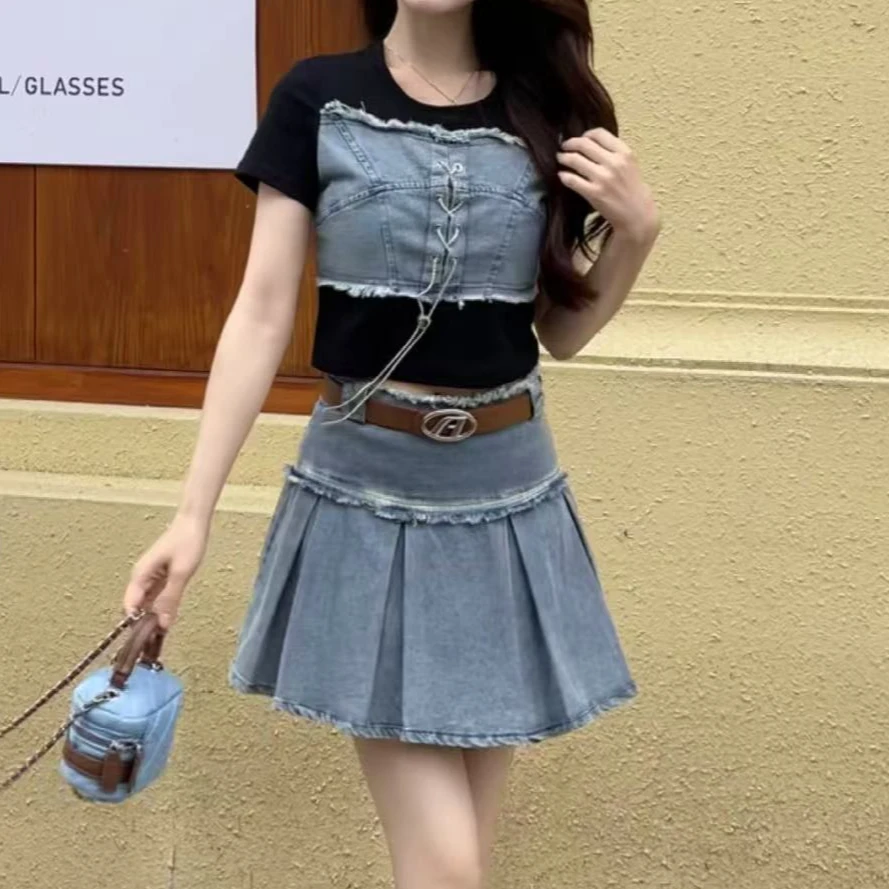 290#2025新款时尚拼牛仔短袖上衣半身裙两件套套装