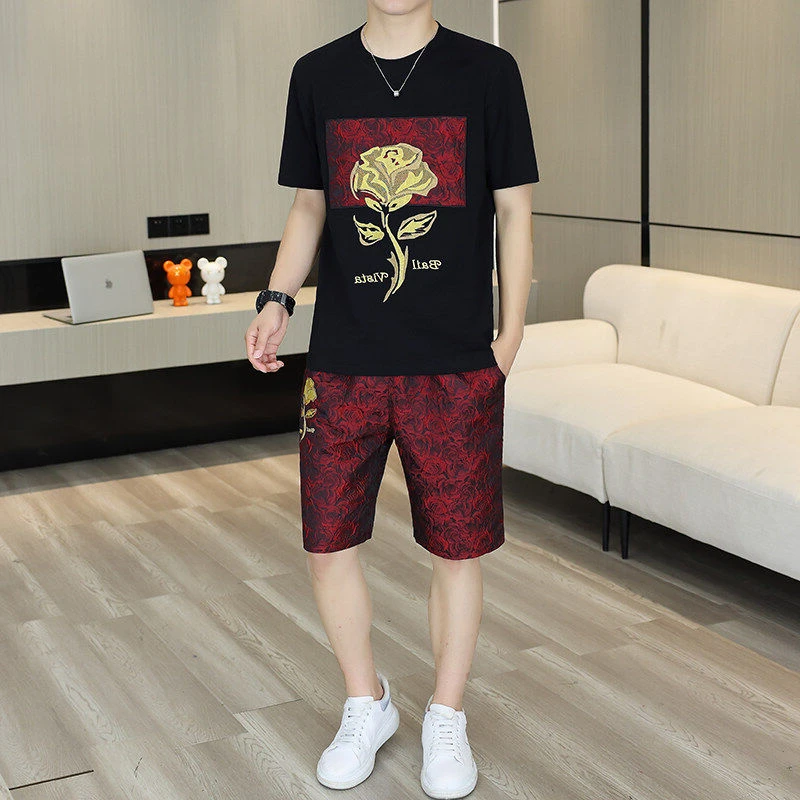夏季新款男士高品质潮流时尚帅气个性百搭刺绣短袖短裤休闲套装