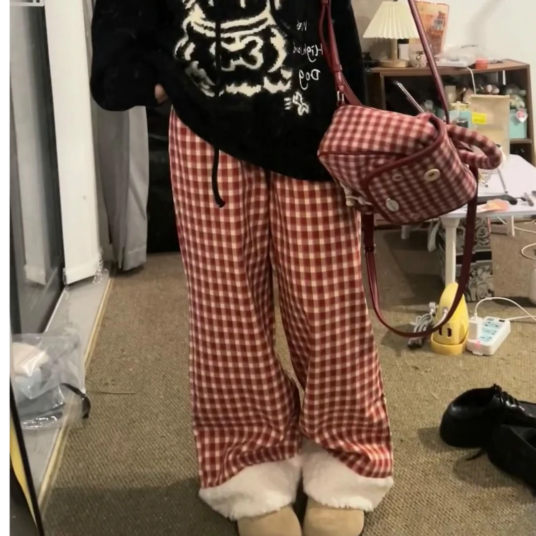 美式高街格子休闲阔腿裤女宽松设计感小众加绒高腰直筒裤子百搭