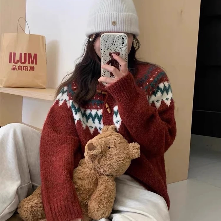 气质提花氛围感复古风牛角扣毛衣外套女宽松秋冬厚款针织开衫上衣