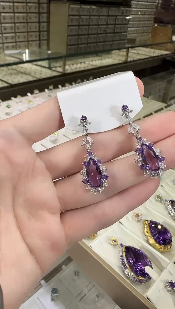 银S925镶嵌耳饰紫晶8*14mm