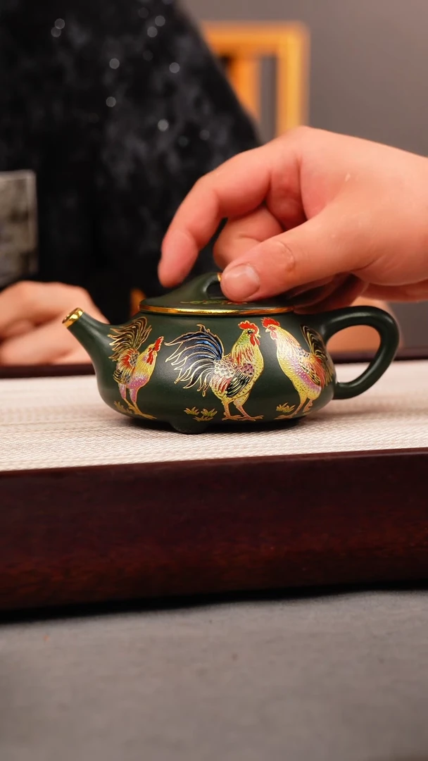 茶杯紫砂绿泥 景舟石瓢 锦鸡珐琅彩