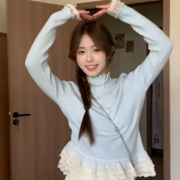 baby蓝纯欲假两件蕾丝拼接长袖t恤女秋冬慵懒风软糯修身打底上衣