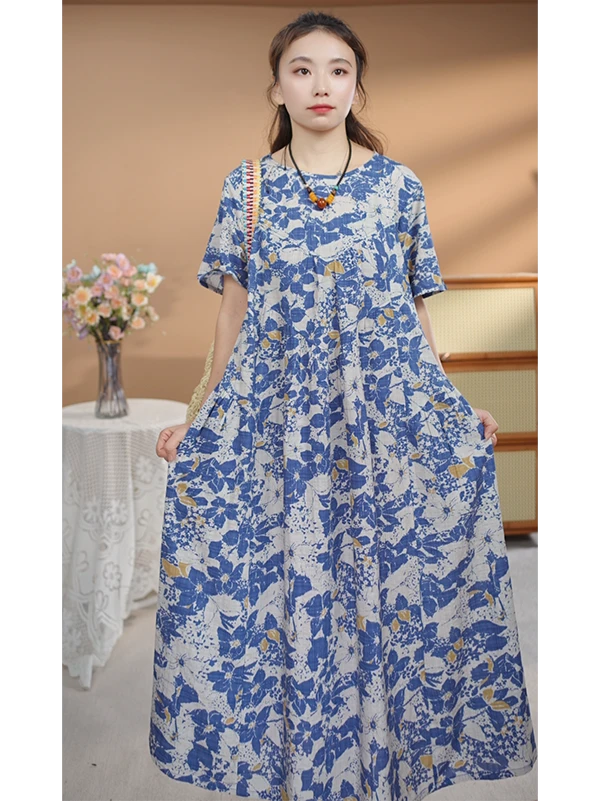 夏季新品连衣裙宽松时尚显瘦裙子拼接休闲棉麻印花洋气长裙T3085