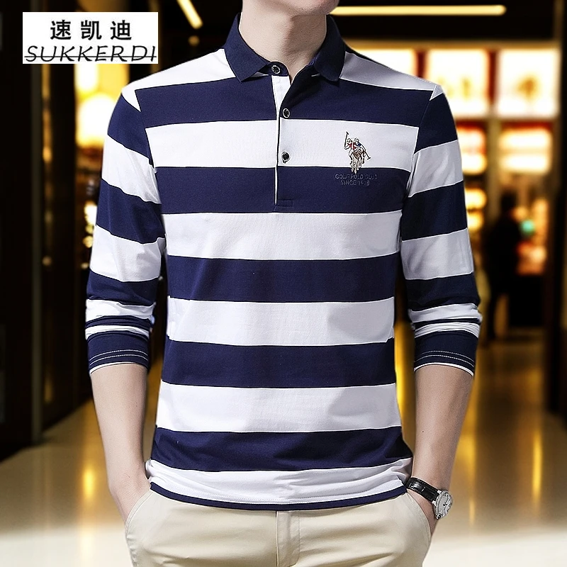 春秋季新款百搭男士长袖T恤条纹商务翻领男装高档潮流polo衫男装