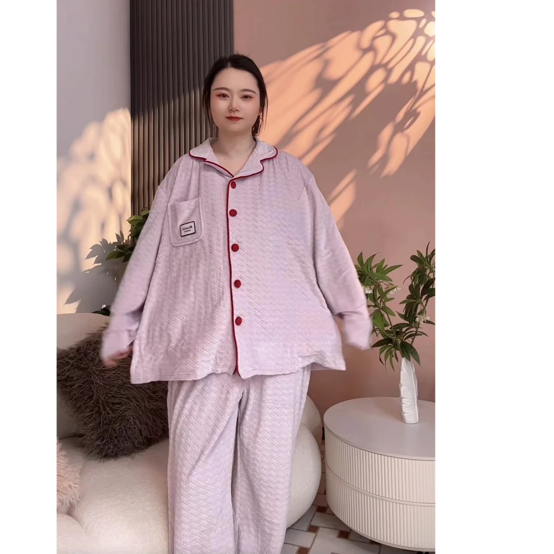 秋冬大码绒睡衣女胖mm宽松保暖套装卡通翻领长袖200斤家居服套装
