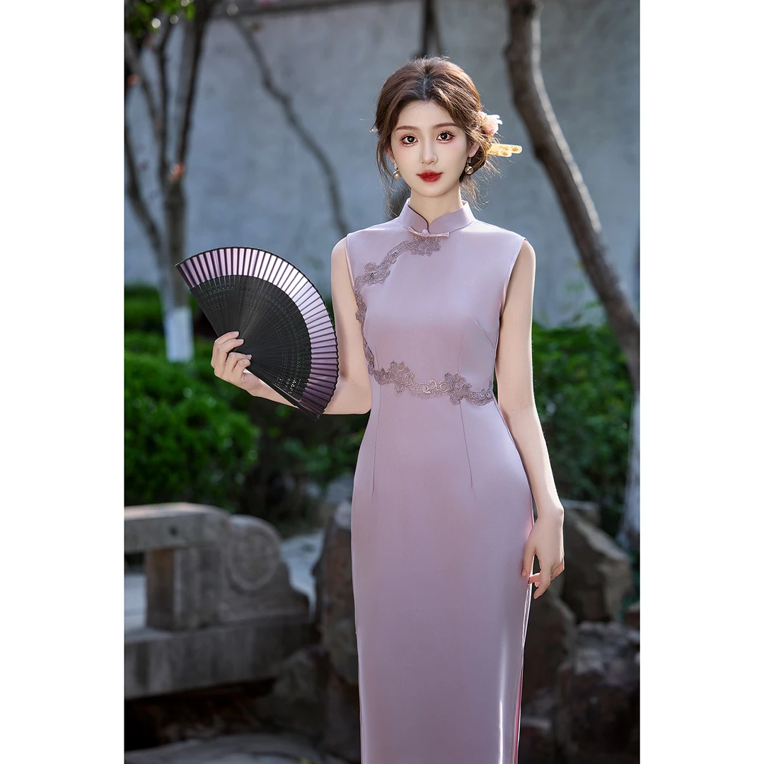 紫色新中式修身淑女范无袖旗袍2025年夏季新款显瘦气质改良款
