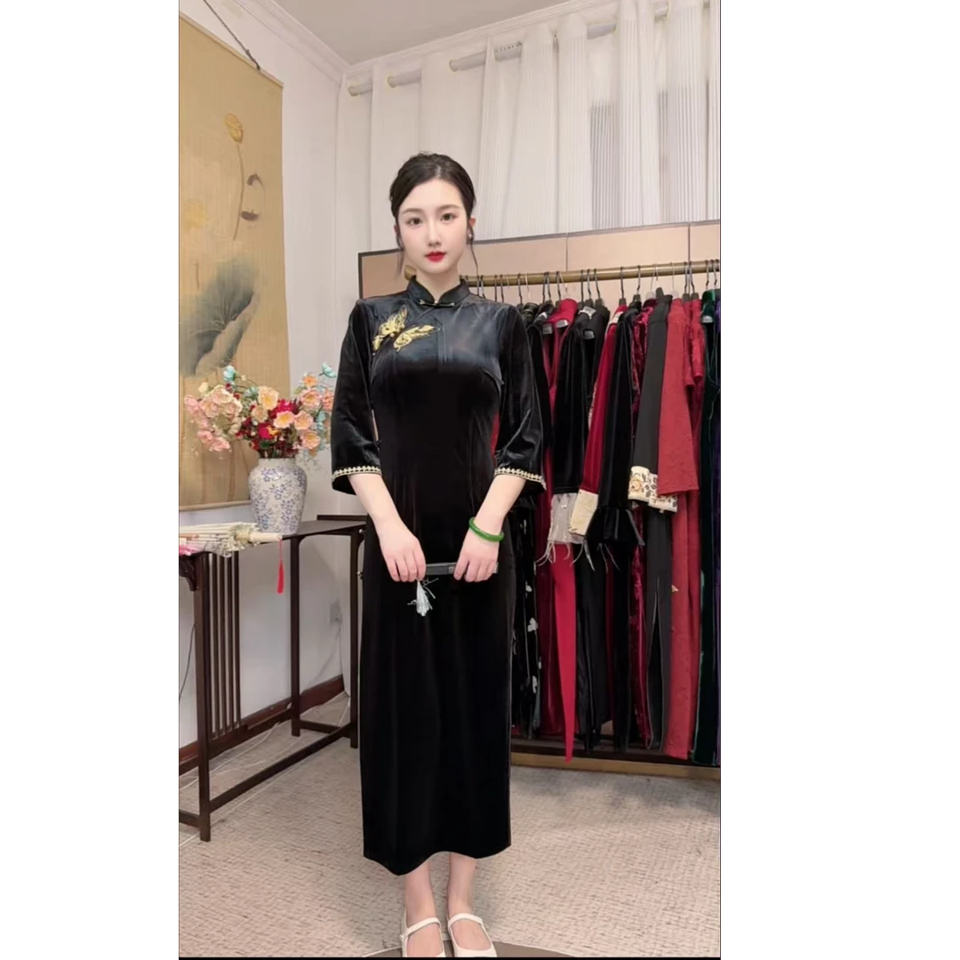 【碟语】日常旗袍中长裙修身短袖常规款2025新中式立领超级好看