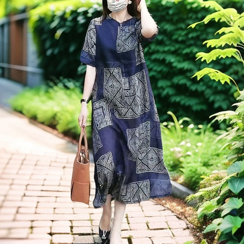 印花棉麻连衣裙女2025夏季新款时尚气质短袖高级感宽松休闲长裙子