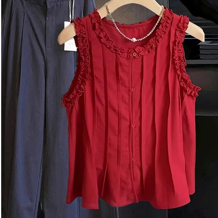韩系甜美高级感重工时尚荷叶边圆领无袖背心衬衫女夏季超好看上衣