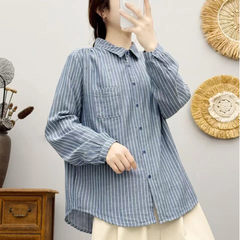 2025春季新款色织宽条纹衬衫女9895