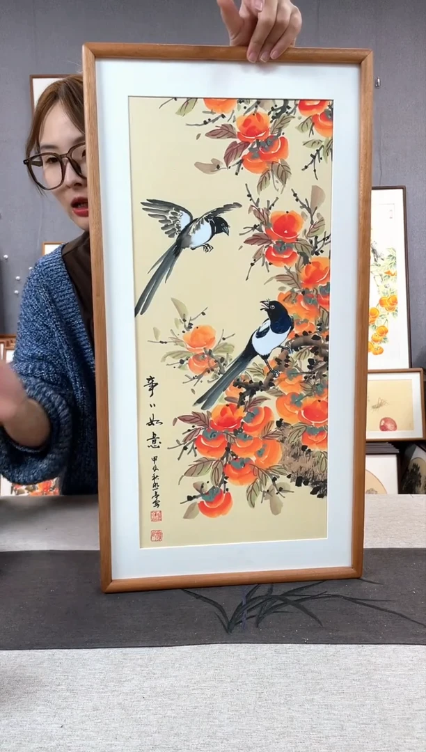 【闪购商品】国画贺照亭-纯手绘带框作品-35*68-柿子