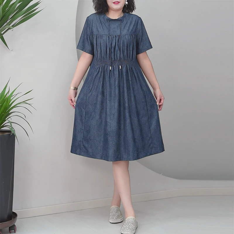 莱赛尔天丝棉连衣裙大码显瘦收腰弹力薄软中长款夏季晕染过膝裙