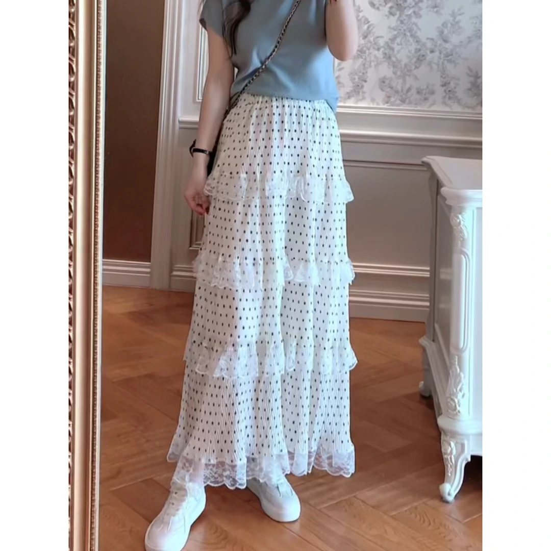 【ZHUJIE】温柔小女人蕾丝拼接波点半身裙