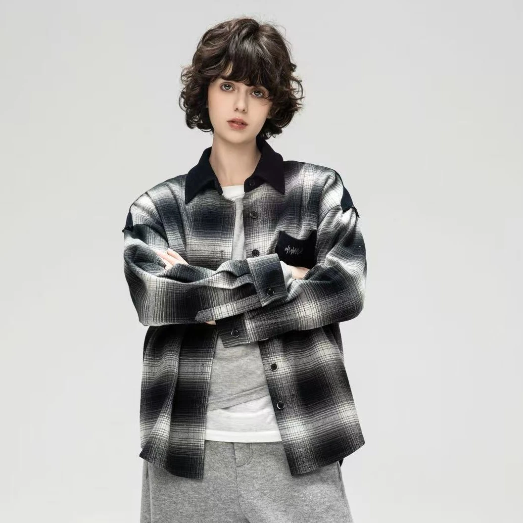 【商场品质】美式复古经典格纹 拼接设计翻领百搭气质衬衫 GZ 9120