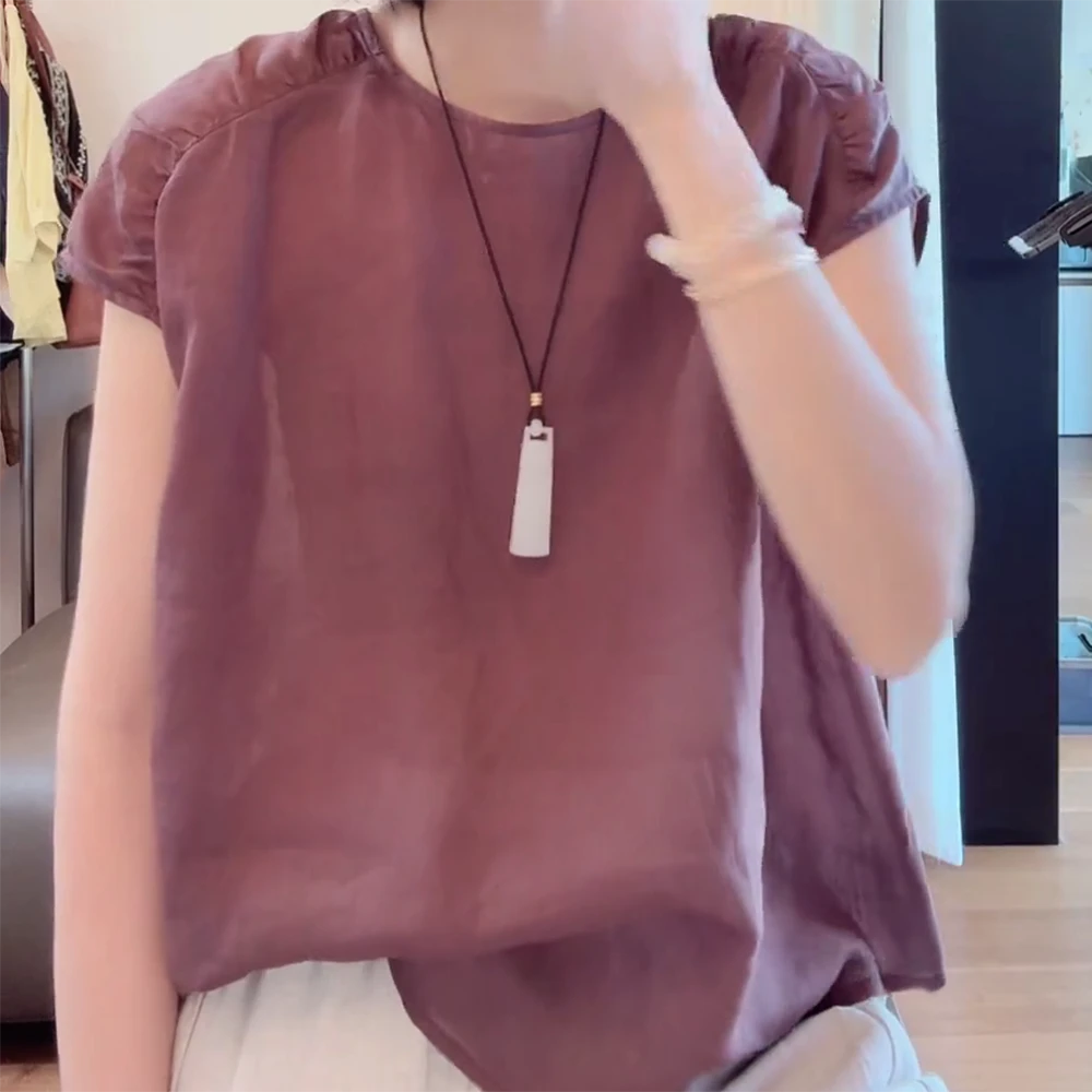 天然苎麻圆领捏褶飞飞袖衬衫夏季新款文艺女上衣C5372