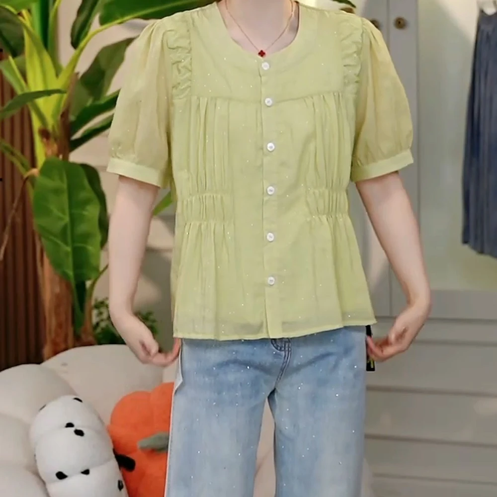 2025夏季新款洋气超仙小衫显瘦甜美泡泡袖上衣女亮片衬衫