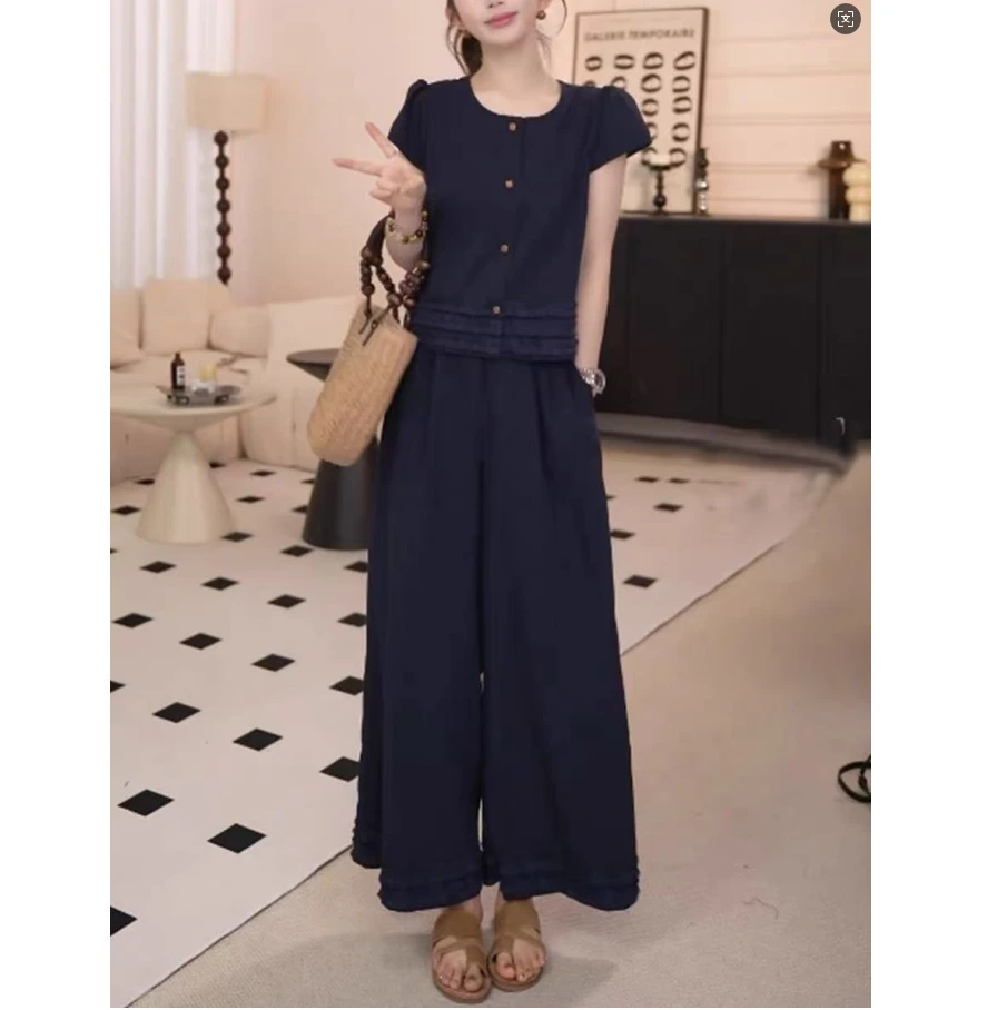 2025夏季新款设计感花边短袖小衫+松紧腰阔腿直筒裤老钱风套装女
