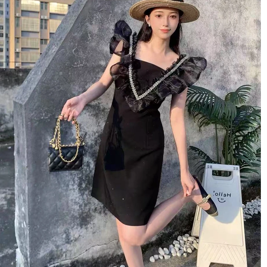 绝美辣妹收腰连衣裙女装法式气质千金高级感小黑裙生日礼裙短裙子
