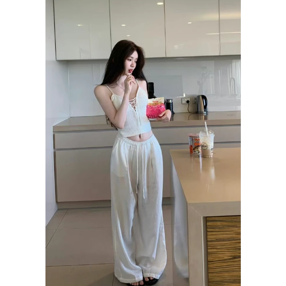 自带胸垫好身材欲辣绑带针织吊带上衣高腰百搭宽松休闲阔腿裤套装