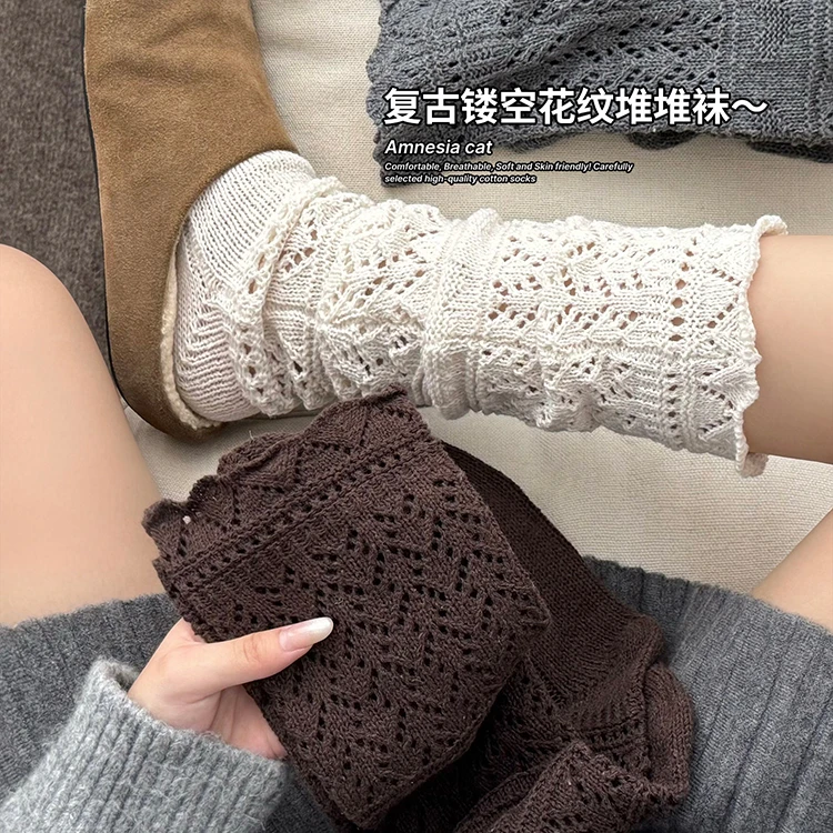 FFI超好看秋冬日系复古针织镂空小腿袜子女白色高筒堆堆袜配靴子