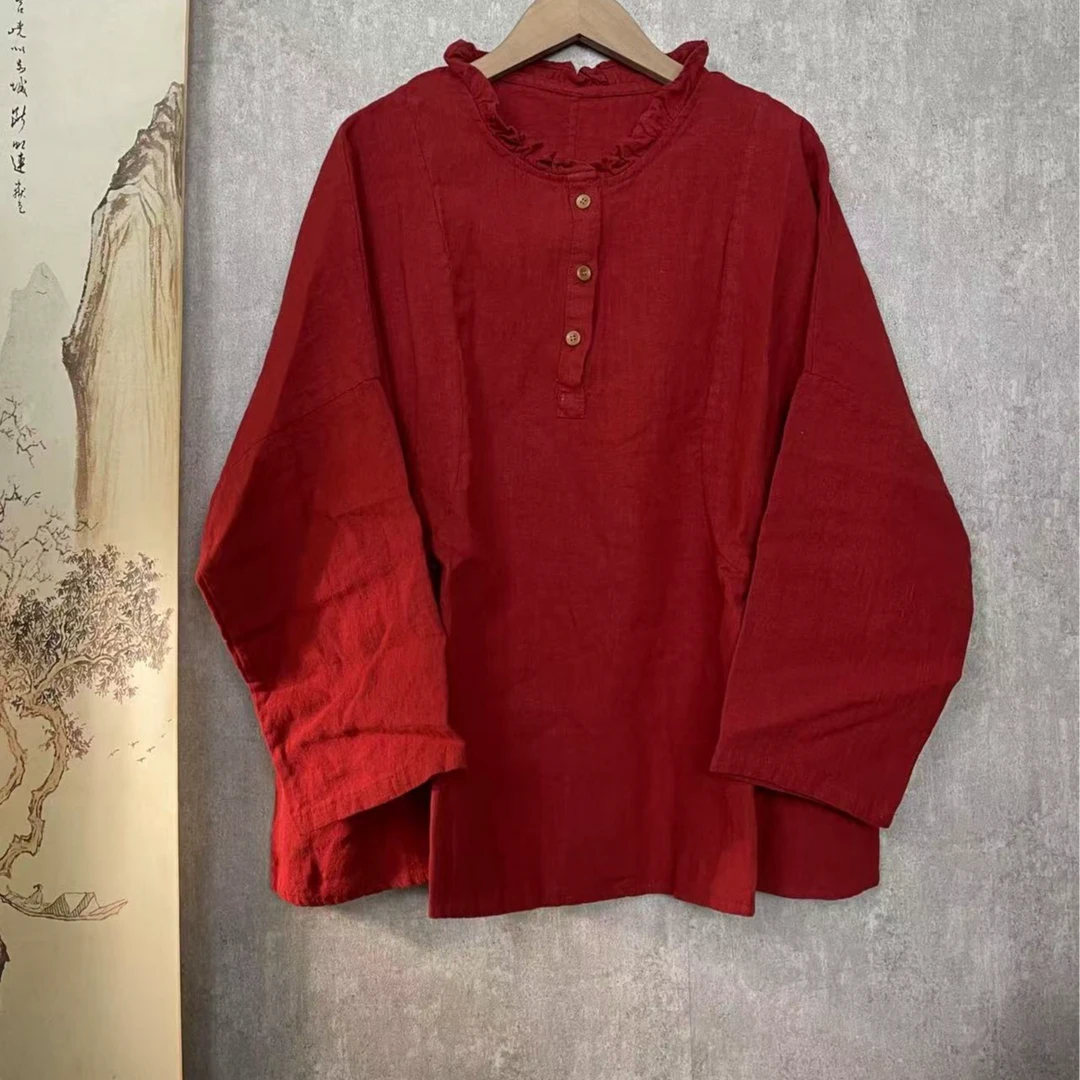 芬雅春季亚麻木耳花边领半扣休闲文艺小衫中式长64胸围120