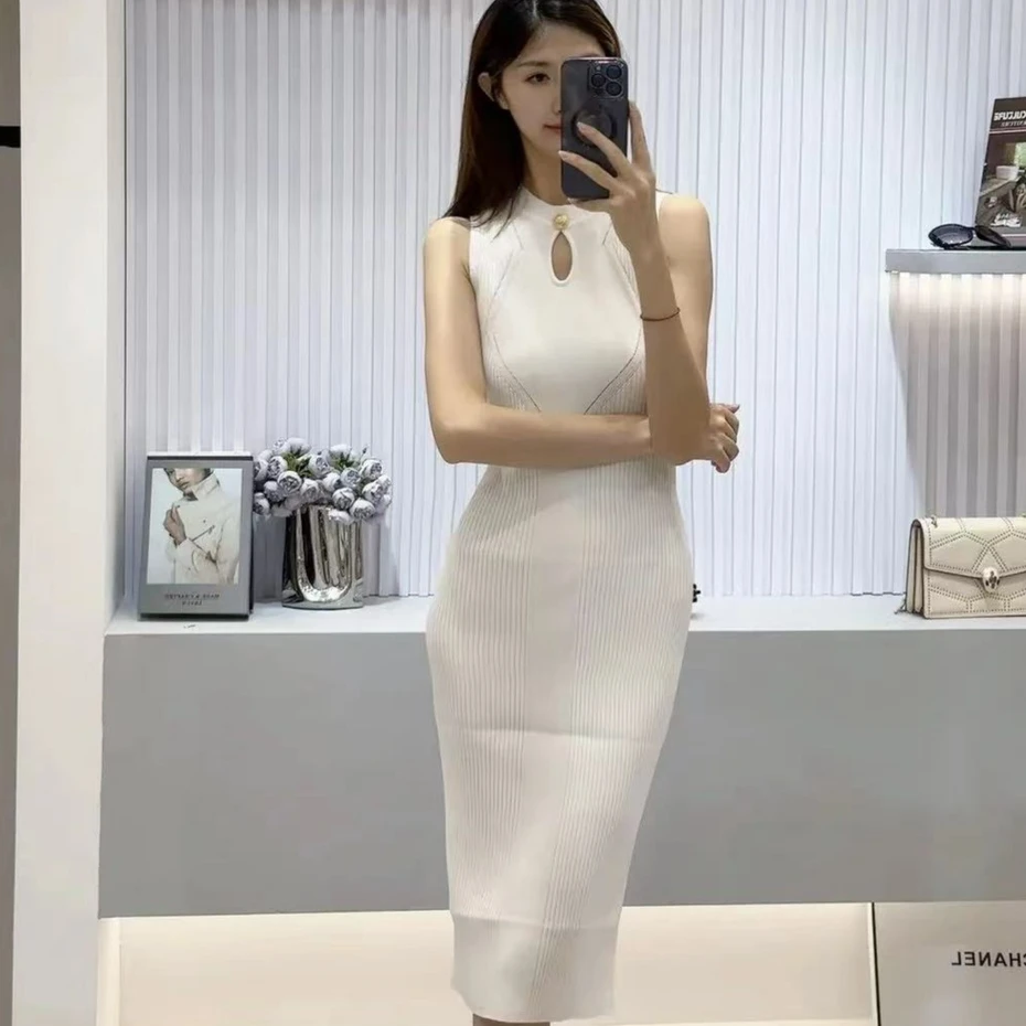 5622-5623新中式轻奢小香风修身包臀裙气质撞色时尚针织连衣裙