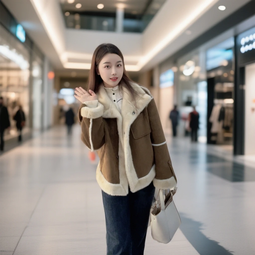 冬季短外套女式毛绒拼接保暖外套大衣轻奢女装设计师