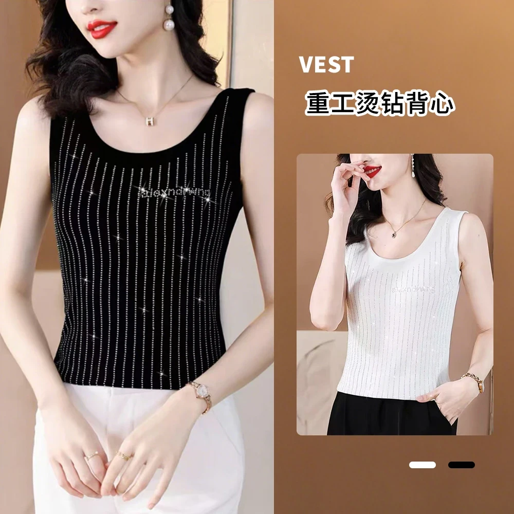 夏季新款吊带背心女士洋气小衫镶钻显瘦遮肚子打底衫无袖上衣