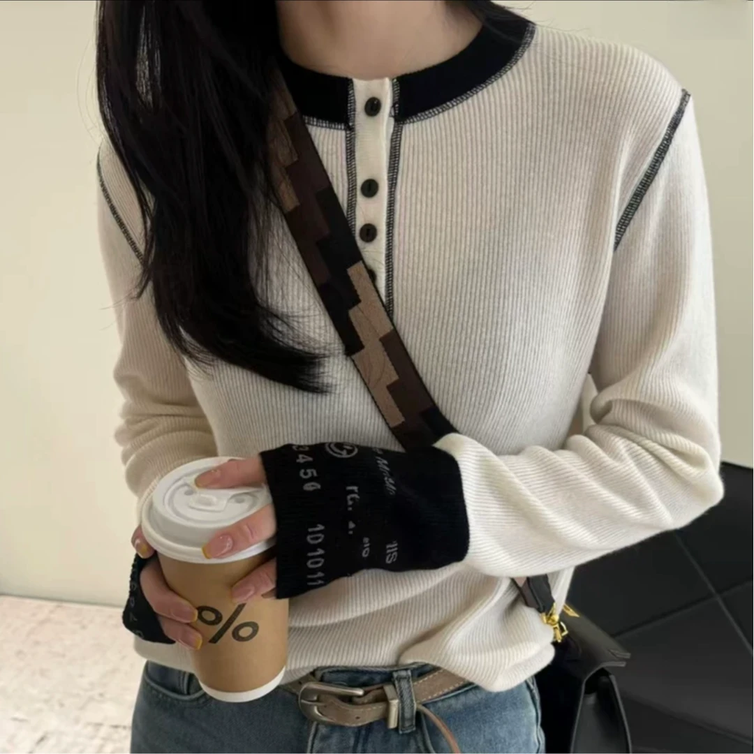9758#冬季新款休闲撞色圆领半开衫字母拼接针织打底衫