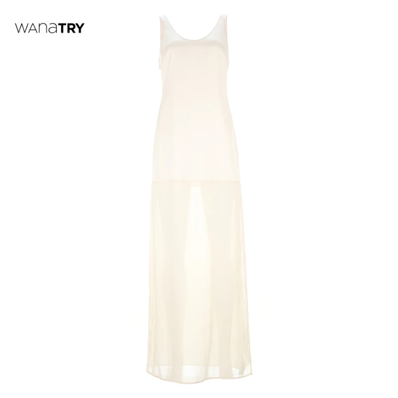 【自播专享】Wanatry 杏色拼接透视感高开叉长款连衣裙（叠穿神器）