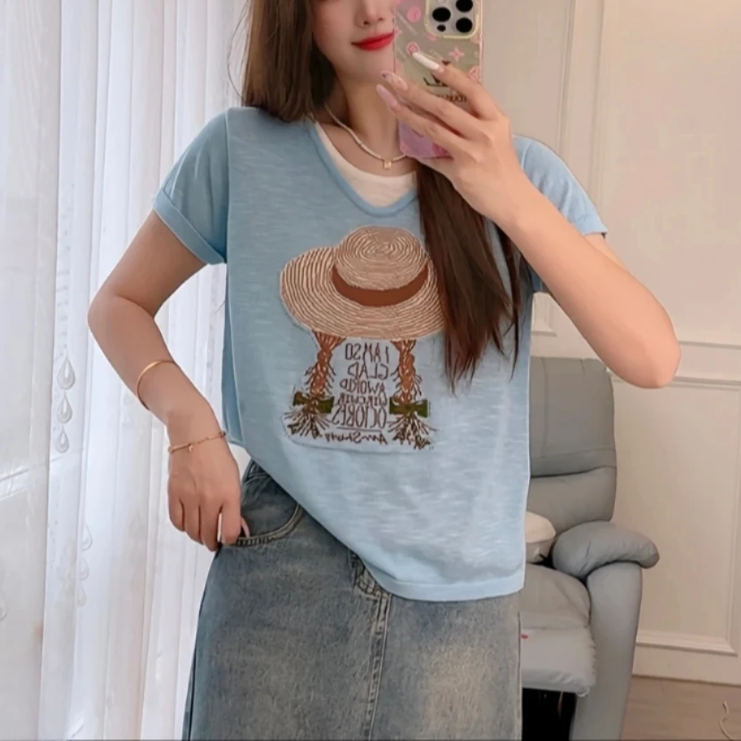 99-【草帽编织短袖】高级气质女针织衫上衣薄款时尚夏季宽松休闲