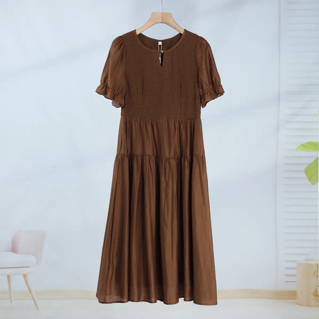 B713迷荟女装季高级感法式小众天丝减龄显瘦圆领连衣裙专柜正品