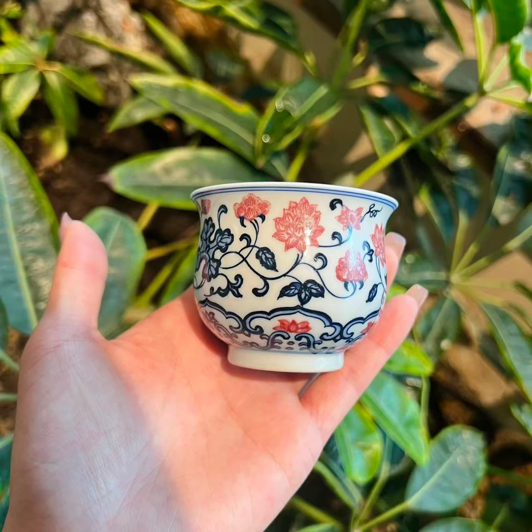 原矿釉里红缠枝莲炉士杯100cc尧一窑