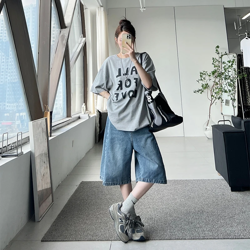 2025新款出街复古蓝显瘦牛仔五分裤 夏季轻薄A字阔腿设计裤