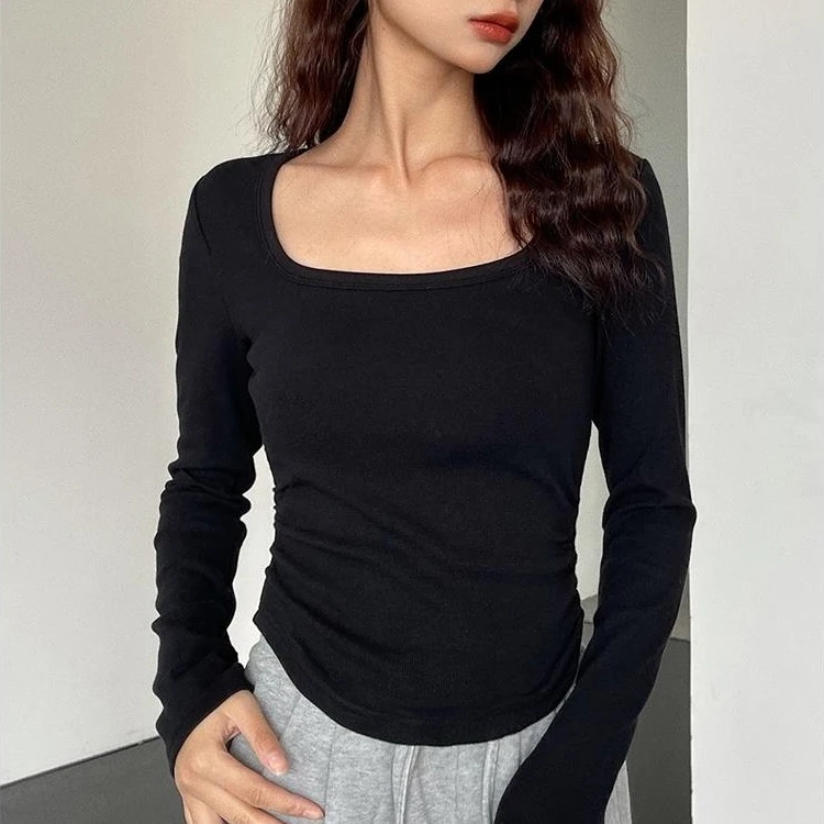 白色方领长袖秋冬季百搭打底衫女2025新款修身显瘦辣妹内搭棉上衣