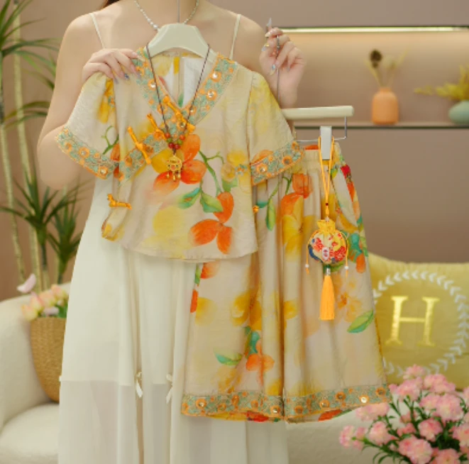 逗小铺【七尚】2025女童薄款新中式夏季中国风国潮短袖裤子套装G079