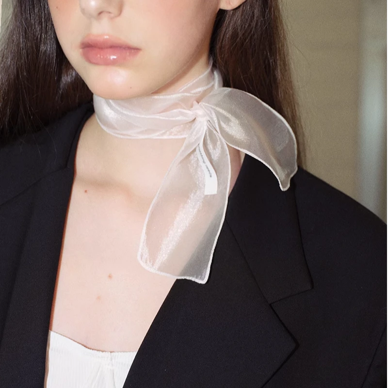 春夏复古简约纯欲丝巾女高级感欧根纱丝带领巾半透明发带短款时尚