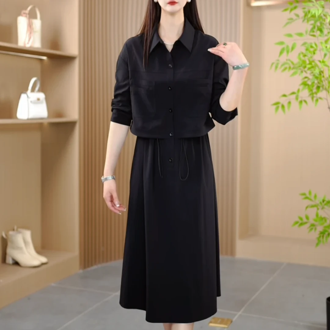 2025春季新款翻领时尚气质显瘦修身减龄长袖女装假两件连衣裙