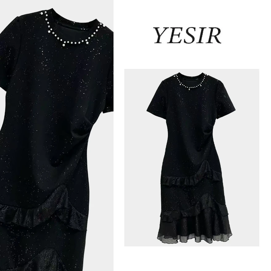 Q25048珍珠领亮片荷叶边气质黑色连衣裙