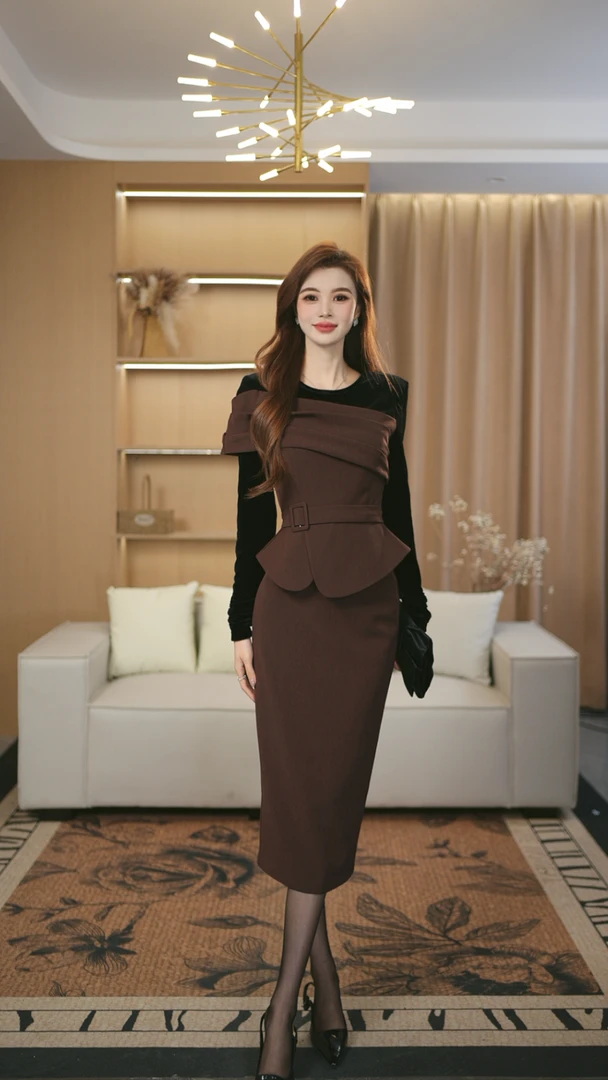 罗曼定制 原创设计收腰丝绒上衣女新+时尚秋气质半身裙假三件套装